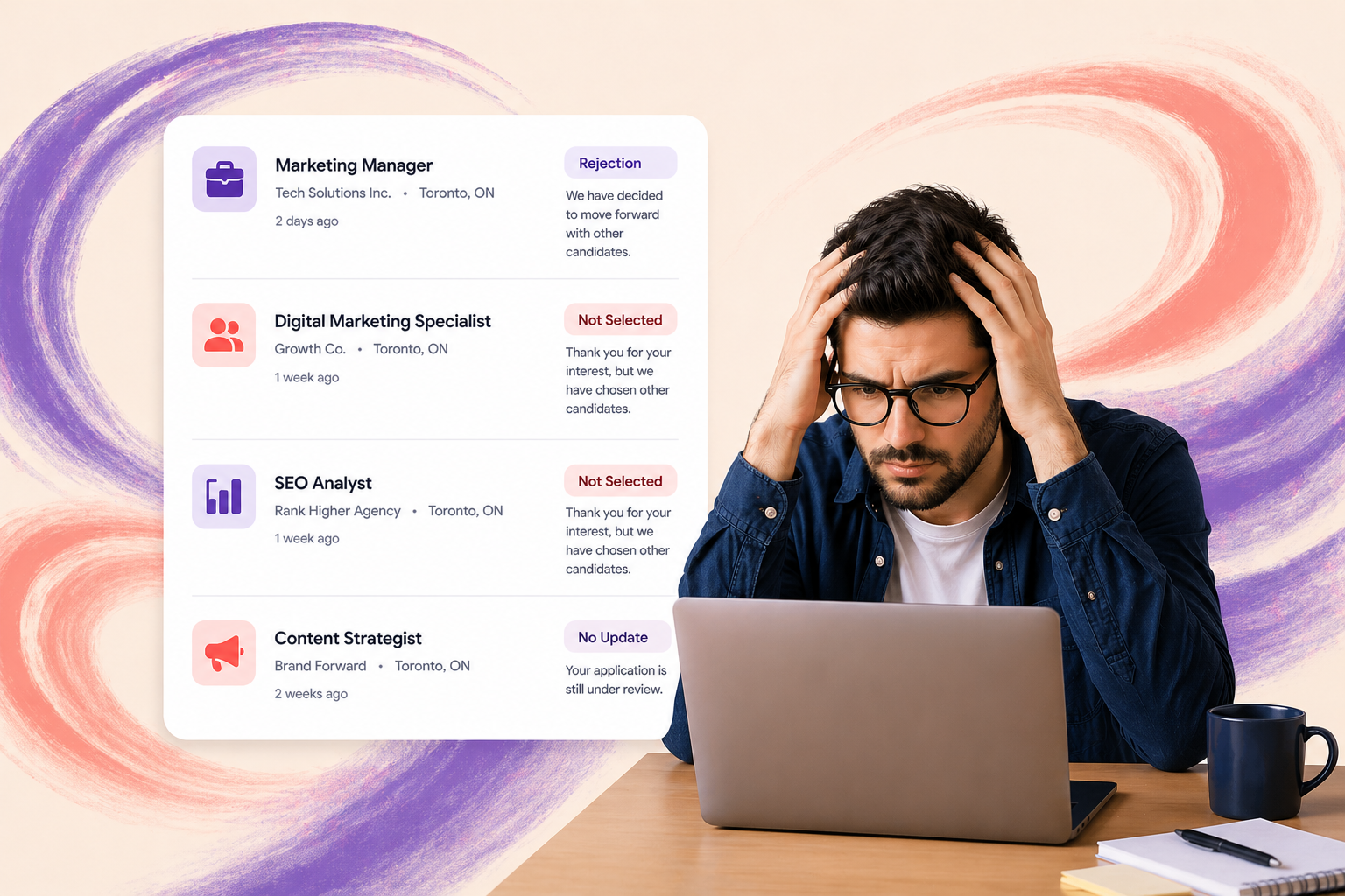 Frustrated man at his computer looking for jobs