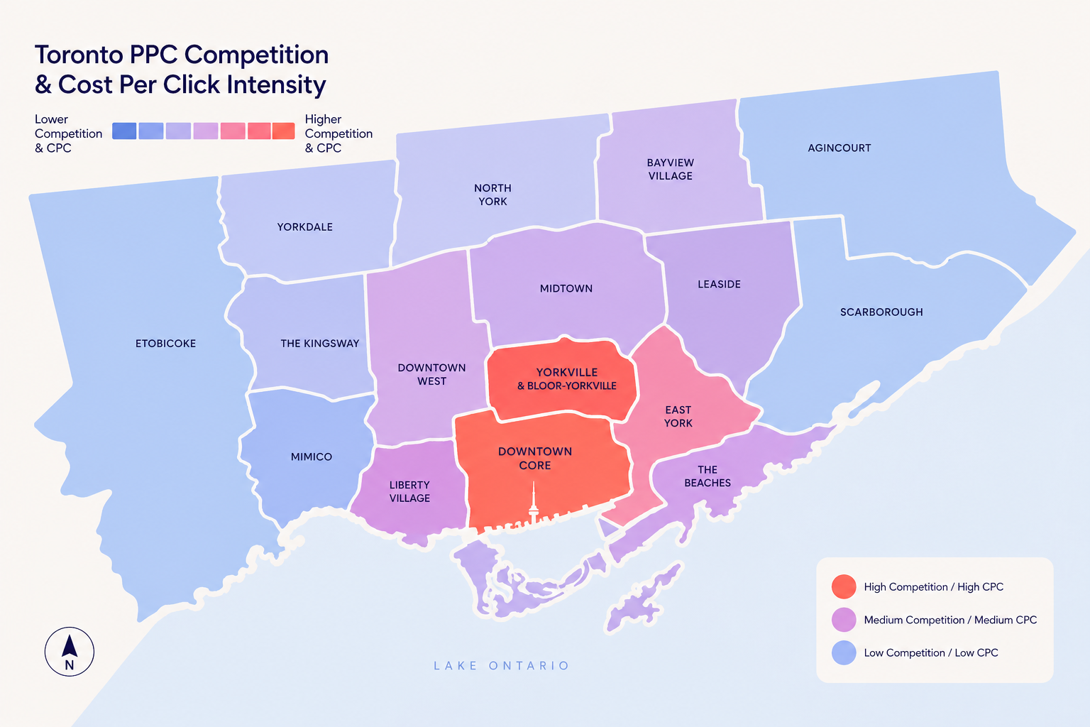 a visual map of toronto split in to districts based on difficulty of advertising and competition from google ads