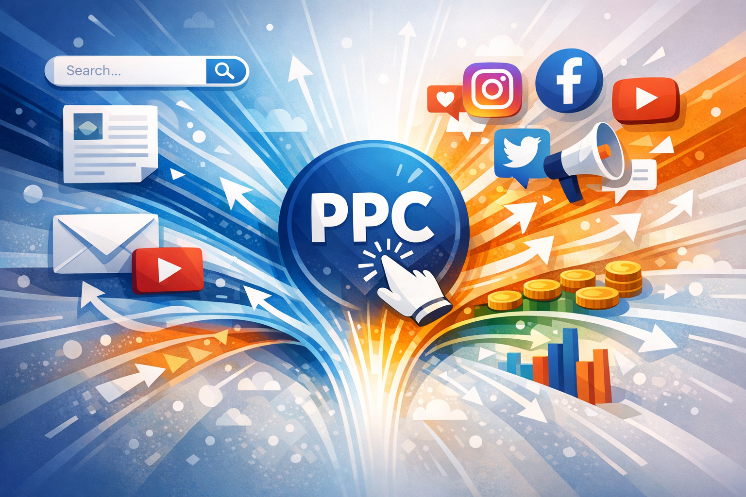 Digital marketing channel icons converging into a PPC symbol, illustrating integrated strategy
