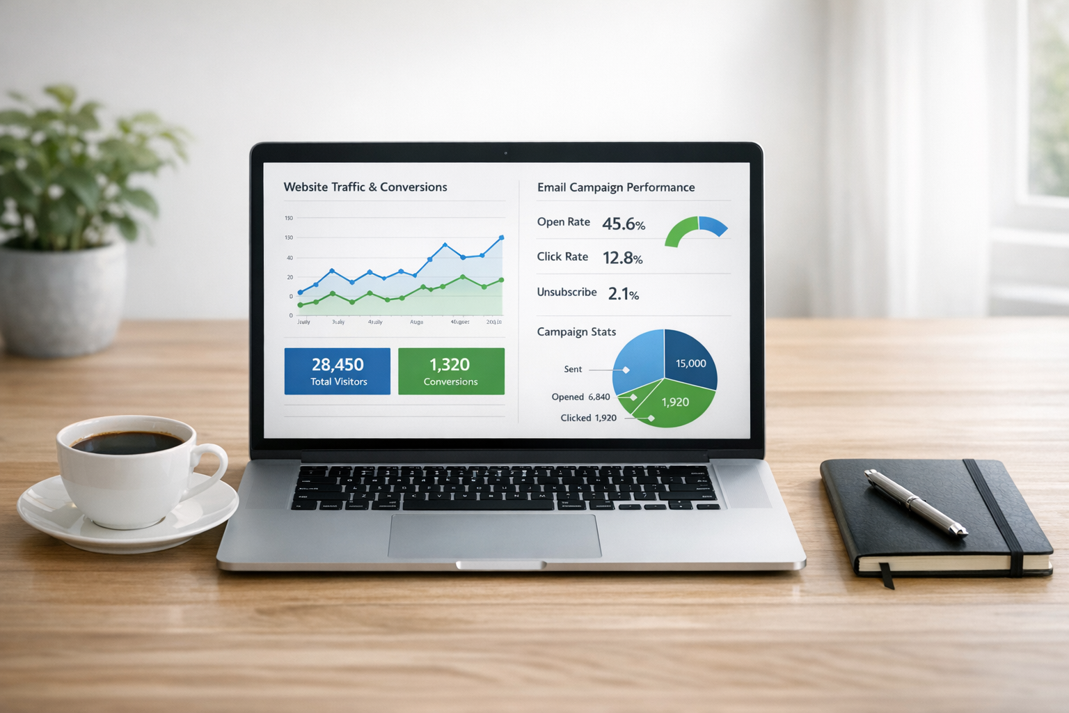 Laptop displaying email marketing analytics on a desk