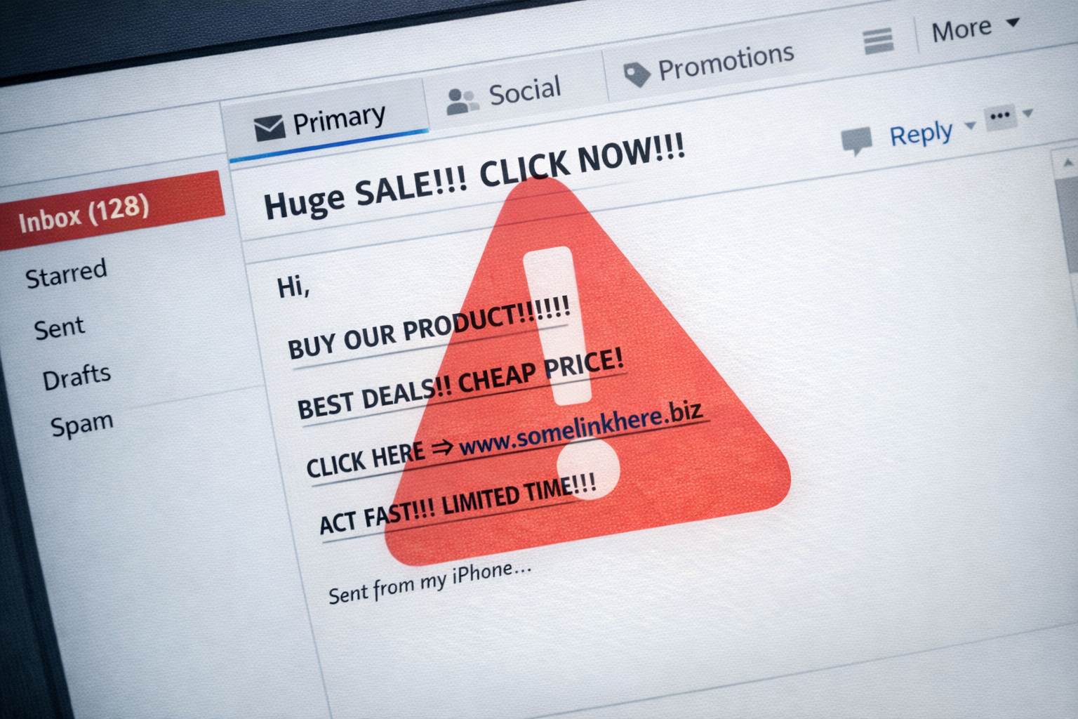 Warning sign over a generic spam email interface