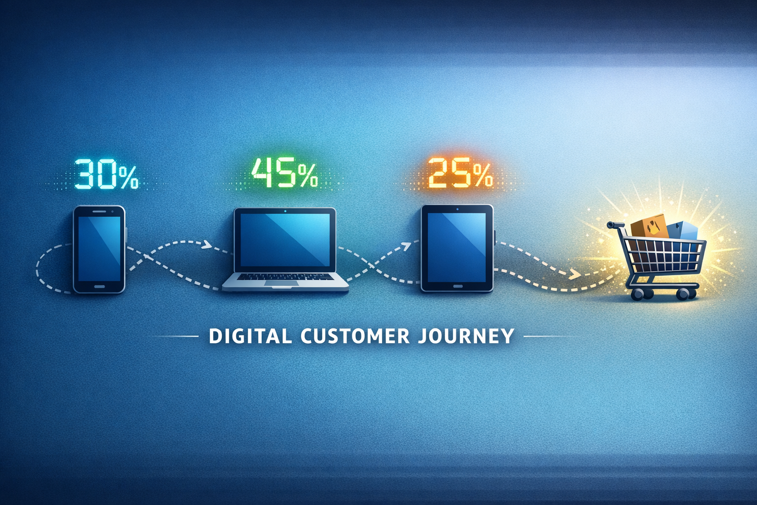 Flowchart demonstrating a complex, multi-touch digital customer journey with algorithmic fractional credit