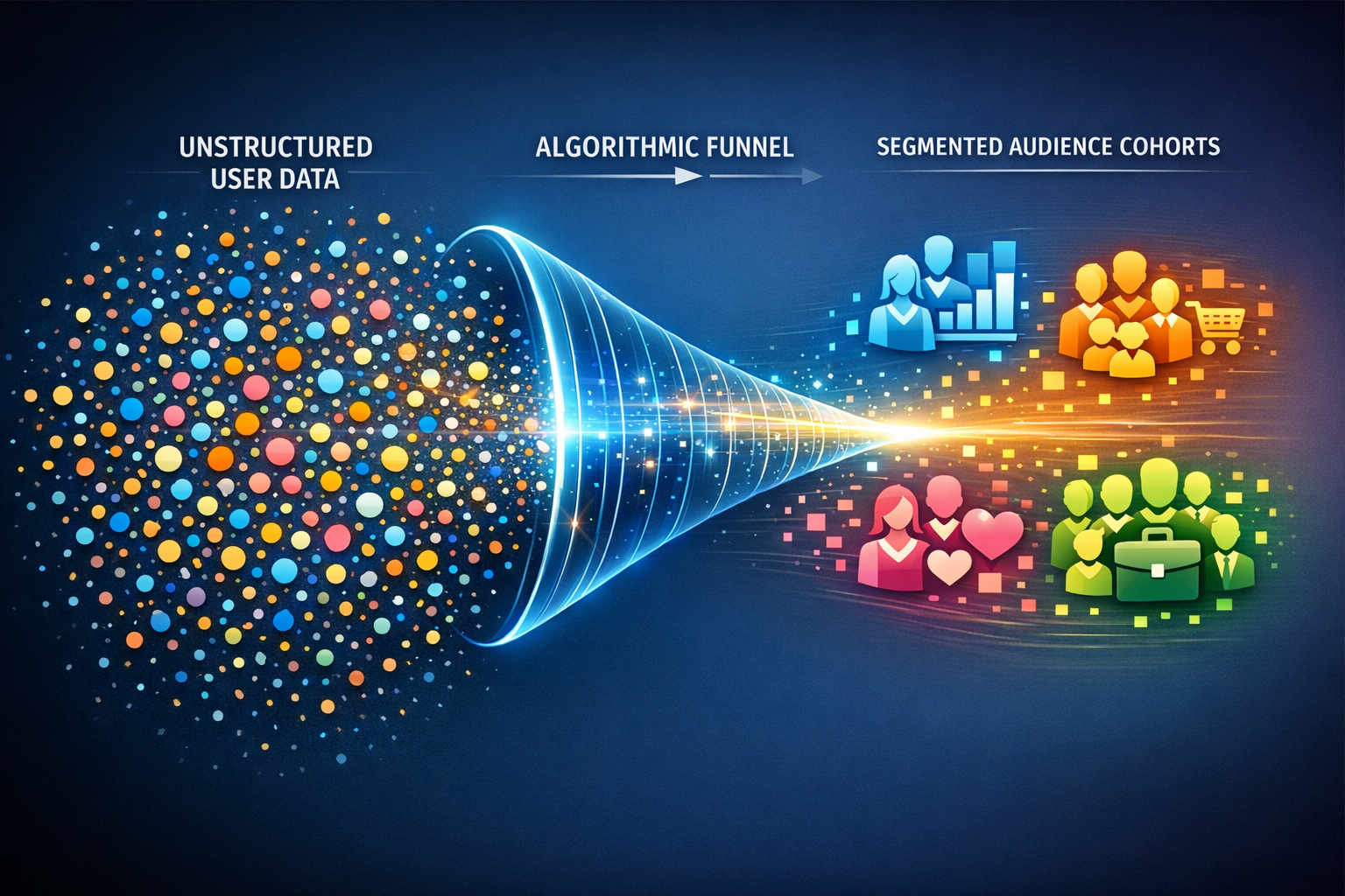 Infographic showing scattered user data points converging into specific, targeted audience segments