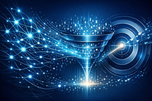 Abstract representation of AI neural networks merging with digital advertising data points