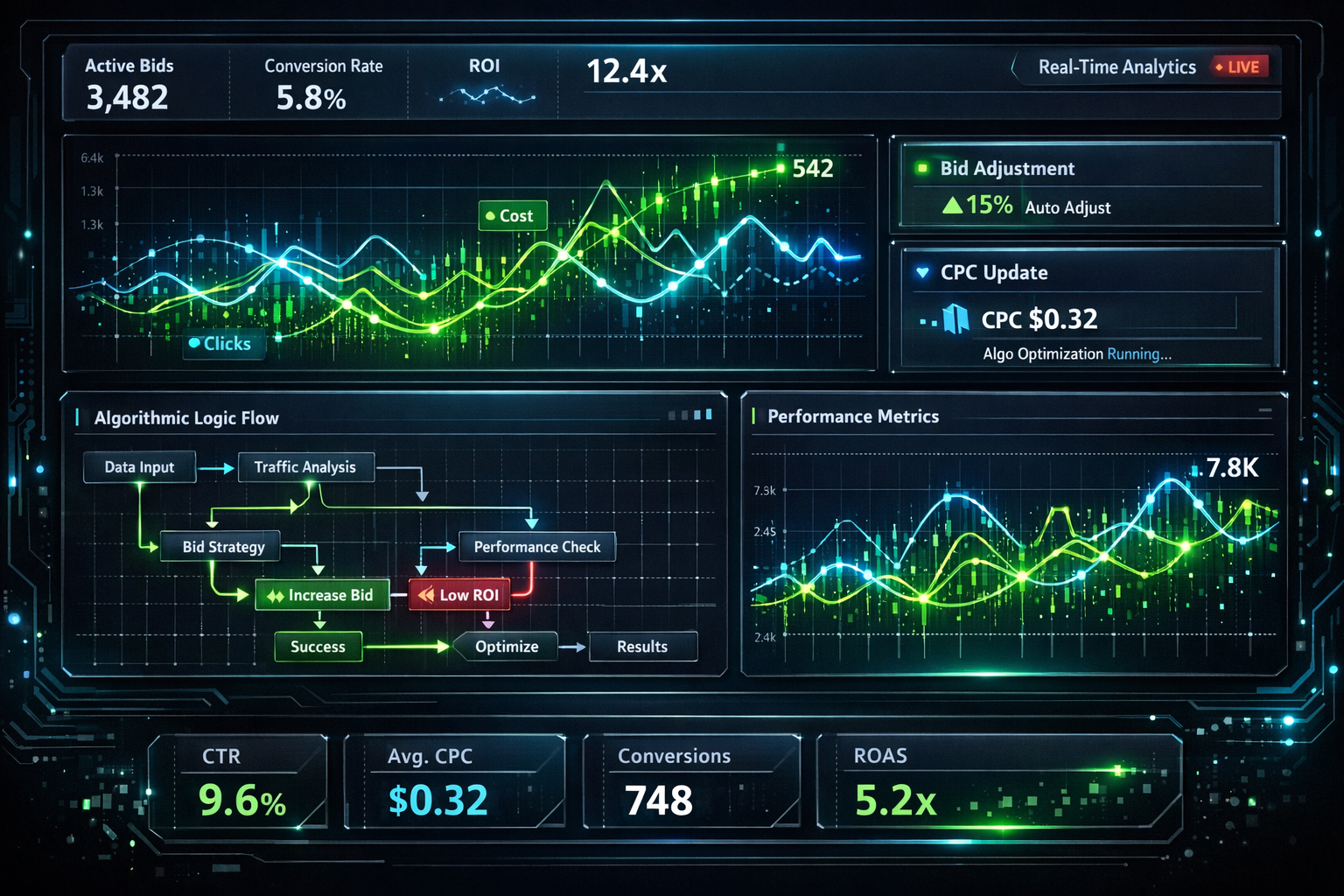 Conceptual dashboard showing real-time AI bidding algorithms adjusting parameters in milliseconds
