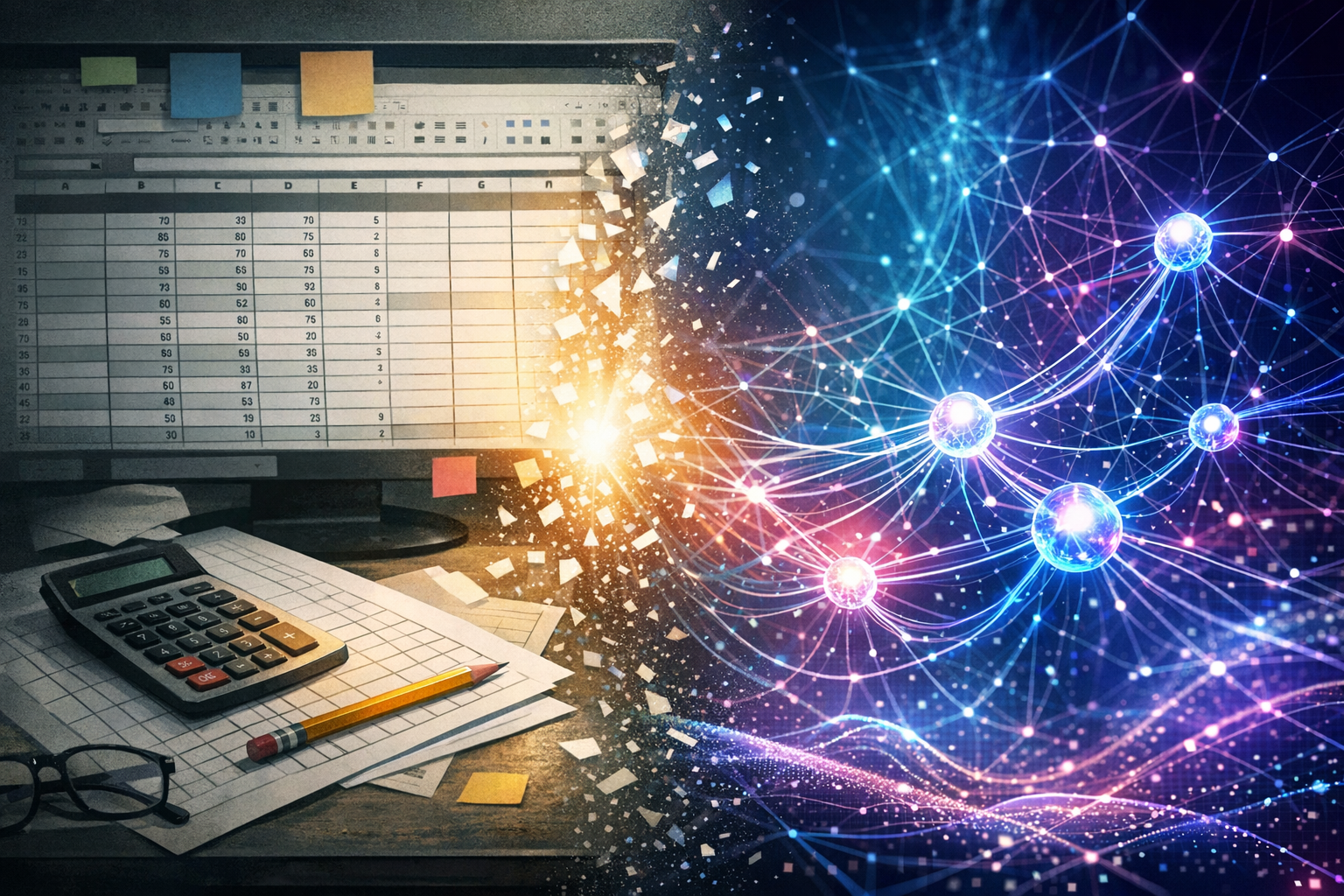 Conceptual graphic showing manual spreadsheet data transitioning into automated AI neural network processing